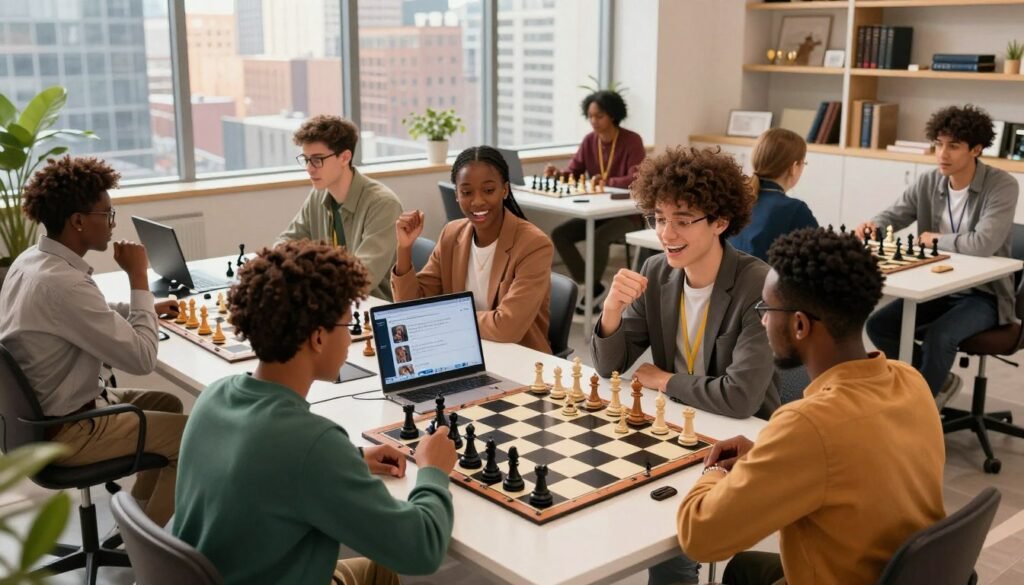 A vibrant, modern workspace filled with influential creators passionately engaging with the game of chess. In the foreground, a diverse group of young adults of various ethnic backgrounds, dressed in professional business attire or stylish casual clothing, are gathered around a sleek chess table, animatedly discussing strategies. The middle ground features chess boards adorned with creatively designed pieces, and digital devices displaying social media feeds related to chess. The background reveals large windows with a view of a bustling city, bathed in warm, natural light, creating an inviting atmosphere. The scene reflects a sense of community, excitement, and creativity within the chess culture. Include “Chess Lovers USA” branding subtly in the decor, enhancing the theme of chess's social media resurgence among Gen Z. Use a wide-angle lens for dynamism and depth, capturing the energy of the environment. A vibrant, modern workspace filled with influential creators passionately engaging with the game of chess. In the foreground, a diverse group of young adults of various ethnic backgrounds, dressed in professional business attire or stylish casual clothing, are gathered around a sleek chess table, animatedly discussing strategies. The middle ground features chess boards adorned with creatively designed pieces, and digital devices displaying social media feeds related to chess. The background reveals large windows with a view of a bustling city, bathed in warm, natural light, creating an inviting atmosphere. The scene reflects a sense of community, excitement, and creativity within the chess culture. Include “Chess Lovers USA” branding subtly in the decor, enhancing the theme of chess's social media resurgence among Gen Z. Use a wide-angle lens for dynamism and depth, capturing the energy of the environment.