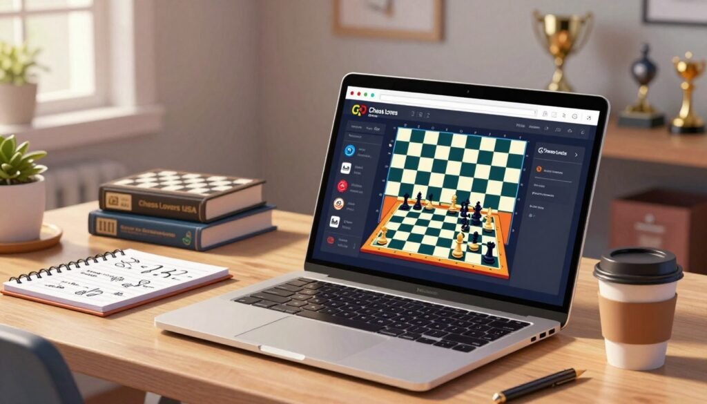 A vibrant online chess scene depicting a digital interface on a laptop screen. In the foreground, a sleek and modern laptop with a colorful chessboard displayed, pieces in mid-game, with a stylish coffee cup beside it. The middle layer features a well-organized workspace, with chess books and a notepad filled with strategies. In the background, soft-focus elements include a calming home office environment with shelves holding chess trophies and memorabilia. The lighting is warm and inviting, casting gentle shadows, evoking a sense of focused creativity. The atmosphere is dynamic yet contemplative, capturing the essence of intellectual competition and online community. Include the brand name "Chess Lovers USA" subtly integrated into the laptop's screen design.