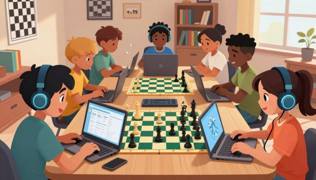 A vibrant online chess scene featuring a diverse group of children engaged in a virtual chess game. In the foreground, a young boy and girl, both around 10 years old, are focused on their laptops with smiles, wearing casual t-shirts and headphones. In the middle, a large, colorful chessboard is displayed on their screens, with various pieces in action. The background is a cozy room decorated with chess posters, bookshelves filled with chess books, and a window allowing soft natural light to illuminate the scene. The atmosphere is energetic and playful, showcasing the excitement of online chess. Include the brand name "Chess Lovers USA" subtly in the design of the chessboard. The image should convey a sense of community and fun in the learning of chess through technology.