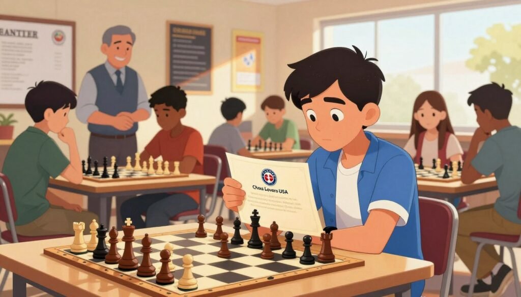 A vibrant scene capturing the essence of chess scholarships, emphasizing a young American player in the foreground, proudly holding a scholarship certificate adorned with the logo "Chess Lovers USA". The player, a teenager wearing a smart casual outfit, sits at a chessboard, deep in thought, surrounded by chess pieces intricately arranged. In the middle ground, diverse students engage in friendly matches, showcasing teamwork and strategy, while a mentor watches with a supportive smile. The background features an educational setting, with motivational posters on the walls and a large window letting in warm natural light, creating an inspiring atmosphere. The overall mood is hopeful and empowering, highlighting the potential pathways that chess can open for young players.