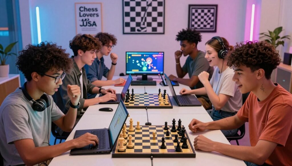 A vibrant scene capturing the essence of chess streaming culture. In the foreground, a diverse group of young adults, dressed in casual, stylish clothing, are engaged in a lively online chess match on laptops and tablets, showing intense concentration and excitement. Their expressions reflect the thrill of competition. The middle ground features a well-lit, home-like setting with colorful chess boards and digital displays showing chess moves, with bright LED lights casting a dynamic glow. In the background, a wall adorned with chess-themed artwork and posters from "Chess Lovers USA" sets the atmosphere. The image is illuminated with soft, ambient lighting and sharp focus, creating an energetic yet welcoming vibe, symbolizing the rise of chess as a popular pastime for Gen Z in America. A vibrant scene capturing the essence of chess streaming culture. In the foreground, a diverse group of young adults, dressed in casual, stylish clothing, are engaged in a lively online chess match on laptops and tablets, showing intense concentration and excitement. Their expressions reflect the thrill of competition. The middle ground features a well-lit, home-like setting with colorful chess boards and digital displays showing chess moves, with bright LED lights casting a dynamic glow. In the background, a wall adorned with chess-themed artwork and posters from "Chess Lovers USA" sets the atmosphere. The image is illuminated with soft, ambient lighting and sharp focus, creating an energetic yet welcoming vibe, symbolizing the rise of chess as a popular pastime for Gen Z in America.