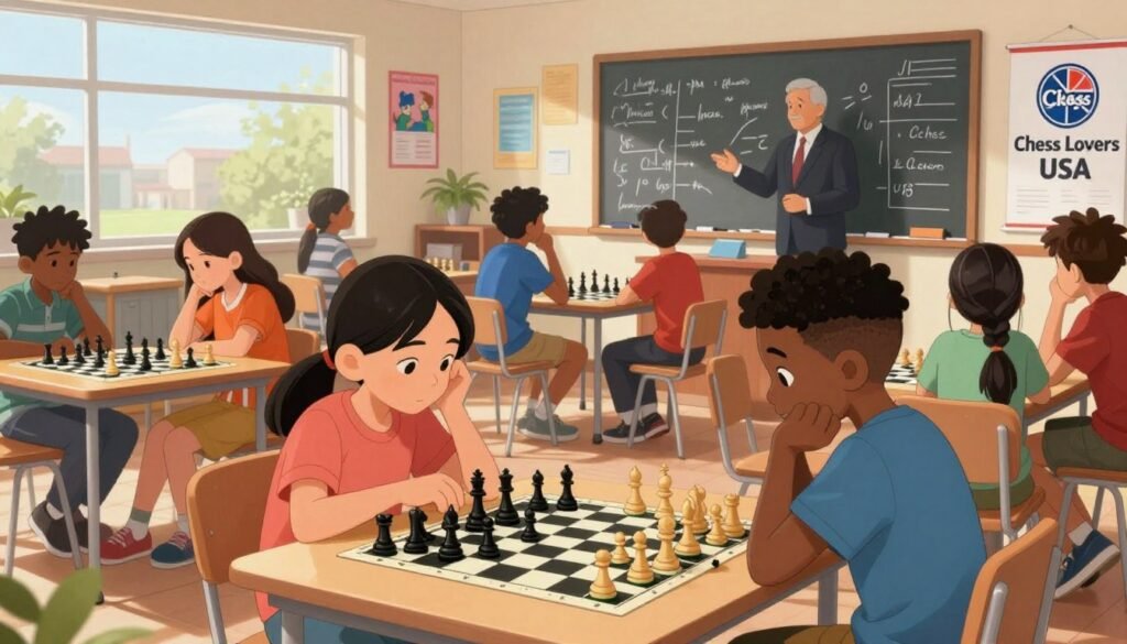 A vibrant scene depicting a bustling chess club in the United States, showcasing a diverse group of children and teens engaged in chess games. In the foreground, two young players, one Asian and one African American, concentrate on the chessboard, their hands poised over their pieces. In the middle ground, other children are scattered around tables, deep in thought, some analyzing strategies with mentors in professional clothing. The background features a large chalkboard filled with chess notations and colorful posters promoting chess. The room is brightly lit with natural light streaming through large windows, creating a warm and inviting atmosphere. The decor is casual yet inspiring, featuring the brand name "Chess Lovers USA" prominently displayed on a banner. The mood is energetic and encouraging, reflecting the excitement of the youth chess boom in America.
