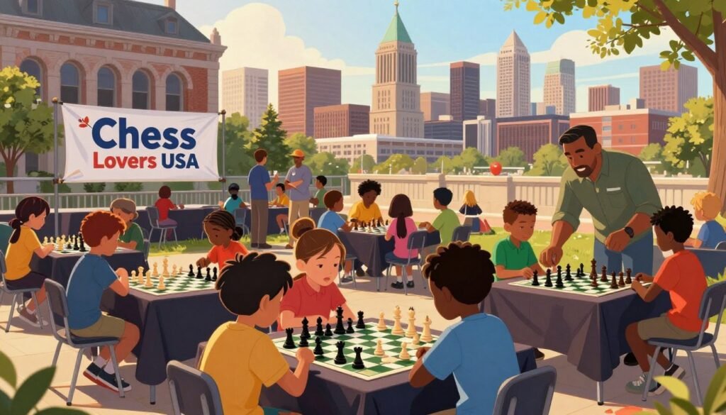 A vibrant scene depicting a community chess event in St. Louis, showcasing children and adults engaged in games outside a historic building representative of the city. In the foreground, a diverse group of children, dressed in modest casual clothing, concentrate on their chess boards, while a nearby adult mentor offers guidance. The middle ground features a large banner reading "Chess Lovers USA," symbolizing community outreach and support. In the background, the iconic St. Louis skyline is visible, bathed in warm golden light of a late afternoon, evoking a sense of unity and enthusiasm for chess. The atmosphere is lively and inspiring, with a sense of collaboration and learning palpable among participants. The image is captured with a wide-angle lens to encompass the bustling activity, emphasizing the community spirit.