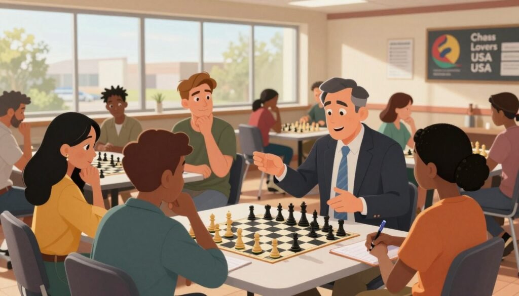 A vibrant scene depicting a diverse group of chess enthusiasts gathered in a modern community center for a chess workshop, symbolizing the surge in USCF rated chess membership. In the foreground, a middle-aged man in professional business attire passionately explains chess strategies to a group of engaged players, including a young woman in smart casual wear taking notes. The middle ground features tables with chess boards and pieces, showcasing players of various ages and backgrounds deep in thought. The background is filled with large windows allowing warm natural light to flood the room, creating an inviting atmosphere. Subtle branding of "Chess Lovers USA" can be seen on promotional materials around the room, enhancing the sense of community and growth in interest. The overall mood is inspiring and collaborative, reflecting the excitement surrounding the chess boom.