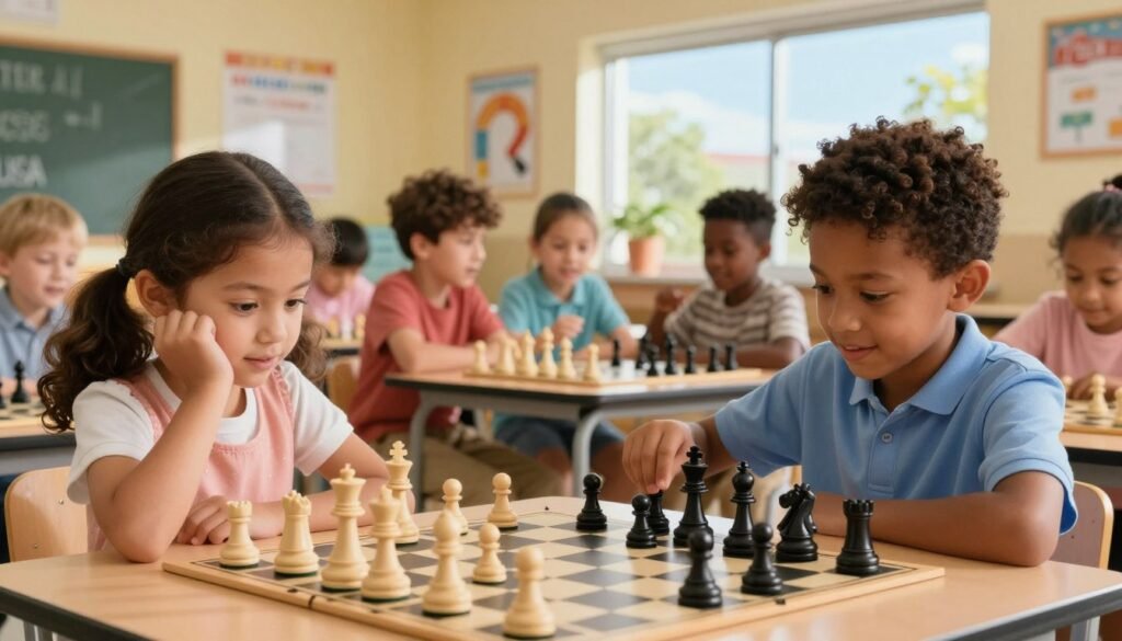 A vibrant scene depicting a diverse group of children engaged in a scholastic chess program hosted by "Chess Lovers USA". In the foreground, a low-angle view captures an enthusiastic young girl thoughtfully studying the chessboard while a focused boy prepares to make his move, both wearing smart casual clothing. In the middle ground, a mix of boys and girls of different ethnicities are deeply immersed in chess games, discussing strategies excitedly. The background features a brightly lit classroom with colorful educational posters and a window showing a sunny day outside, symbolizing growth and opportunity. The atmosphere is lively and inspiring, showcasing the joy of learning and the camaraderie fostered by chess. Soft natural lighting enhances the scene, providing warmth and focus to the kids’ expressions.