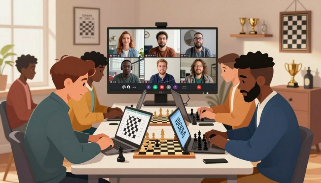A vibrant scene depicting a diverse group of team players engaged in an intense online chess game. In the foreground, two individuals, one Caucasian and one Black, are sitting at a modern table, both wearing smart casual clothing, focused on their laptops displaying chess boards. The middle ground showcases additional players joining via video calls on large screens, fostering a sense of connection despite physical distance. The background features a cozy room adorned with chess-themed decor, including posters and trophies, illuminated by warm, soft natural light streaming through a window. The overall mood is one of camaraderie and competition, highlighting the theme of building social connections through chess. Include the branding "Chess Lovers USA" subtly integrated into the decor.