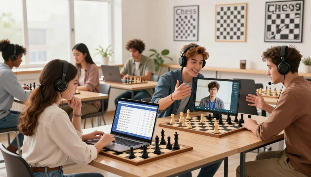 A vibrant scene depicting a diverse group of young chess players engaged in competitive play on digital platforms. In the foreground, a young woman in smart casual attire is focused on her laptop, deep in thought with chess pieces visible on screen. Next to her, a young man with headphones is animatedly discussing strategy via video call, while other players of various backgrounds are visible on their own devices, showcasing the global nature of online chess. The middle ground shows a digital scoreboard displaying live rankings and matches. In the background, a bright, modern room filled with inspirational chess posters from "Chess Lovers USA" and soft, natural light coming from large windows creates an atmosphere of excitement and ambition, conveying a sense of community and innovation in chess gameplay.