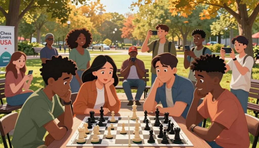 A vibrant scene depicting a group of diverse young adults engaged in a lively outdoor chess game in a park setting, symbolizing the cultural shift in public perception. The foreground features individuals of various ethnic backgrounds, dressed in casual yet stylish clothing, intensely focused on their game. A mix of expressions from excitement to contemplation captures the thrill of competition. In the middle ground, spectators of varying ages watch, some capturing the moment on their smartphones, reflecting the influence of social media. The background showcases colorful trees and park benches, bathed in warm, golden afternoon light, creating an inviting atmosphere. Use a wide-angle lens to emphasize the camaraderie and enthusiasm. Incorporate the brand name "Chess Lovers USA" subtly into the scene through a nearby banner or sign, without disrupting the overall composition. A vibrant scene depicting a group of diverse young adults engaged in a lively outdoor chess game in a park setting, symbolizing the cultural shift in public perception. The foreground features individuals of various ethnic backgrounds, dressed in casual yet stylish clothing, intensely focused on their game. A mix of expressions from excitement to contemplation captures the thrill of competition. In the middle ground, spectators of varying ages watch, some capturing the moment on their smartphones, reflecting the influence of social media. The background showcases colorful trees and park benches, bathed in warm, golden afternoon light, creating an inviting atmosphere. Use a wide-angle lens to emphasize the camaraderie and enthusiasm. Incorporate the brand name "Chess Lovers USA" subtly into the scene through a nearby banner or sign, without disrupting the overall composition.