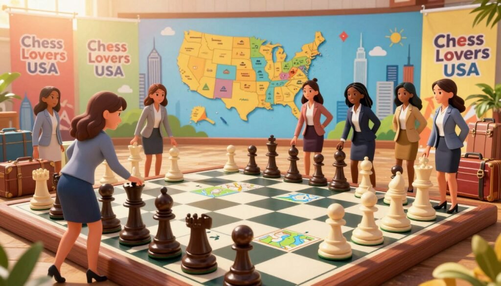 A vibrant scene depicting a life-sized chessboard where pieces represent travel logistics elements, such as suitcases, maps, and event schedules. In the foreground, a diverse group of girls in professional business attire are strategically moving the logistics-themed pieces on the board, showcasing teamwork and focus. In the middle ground, a colorful backdrop features landmarks from various U.S. cities known for chess events, symbolizing national reach. The background is filled with banners displaying "Chess Lovers USA" in a stylish font. The atmosphere is energetic and inspiring, with warm sunlight filtering through, illuminating the scene with a hopeful glow. The composition is captured with a slightly elevated angle to emphasize the chessboard and its players.