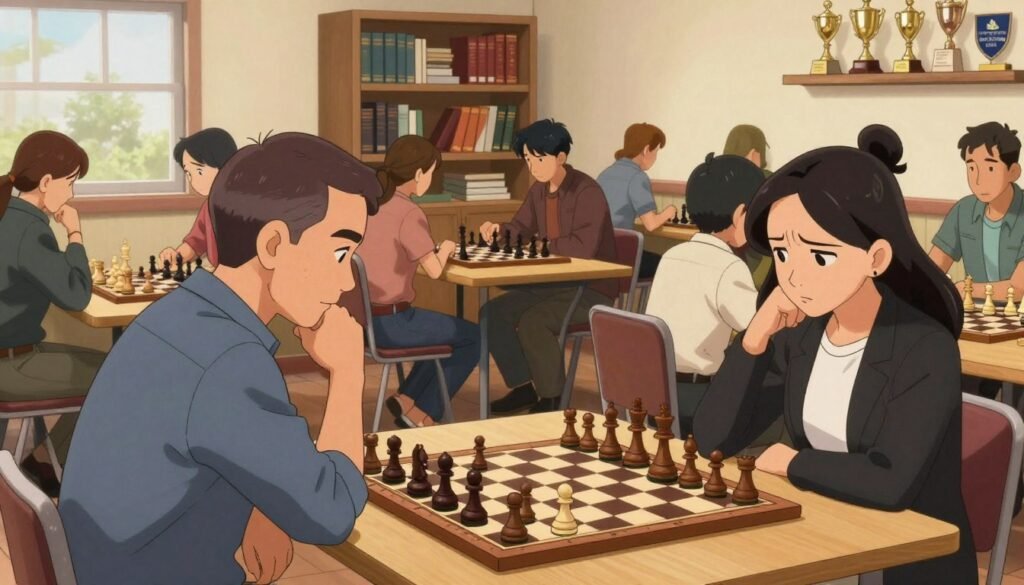 A vibrant scene depicting a local chess club bustling with activity, showcasing diverse individuals engaged in intense games over classic wooden chess sets. In the foreground, a middle-aged man in a smart casual outfit contemplates his next move, while a young woman in professional attire watches intently, her brow furrowed in concentration. The middle ground features several tables, each with small groups of players, radiating a sense of camaraderie and friendly competition. Background elements include a cozy, well-lit room with shelves filled with chess books and trophies celebrating local tournaments. Soft, warm lighting enhances the inviting atmosphere, suggesting an afternoon gathering. The logo "Chess Lovers USA" can be subtly integrated into the room's decor or on a small banner on the wall.