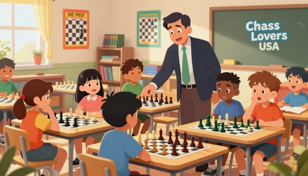 A vibrant scene depicting a scholastic chess program in a lively classroom setting. In the foreground, a diverse group of children, aged 7 to 12, are seated at small tables, intensely focused on their chess boards, displaying a range of emotions from concentration to joy. The middle ground features a friendly instructor, in professional attire, guiding a pair of students engaged in a match, fostering teamwork and learning. In the background, colorful educational posters about chess strategies adorn the walls, alongside a bookshelf filled with chess-related books. The lighting is warm and inviting, reminiscent of a sunny afternoon, creating an atmosphere of enthusiasm and growth. The scene subtly incorporates the brand identity “Chess Lovers USA” through a tasteful logo on the classroom wall.