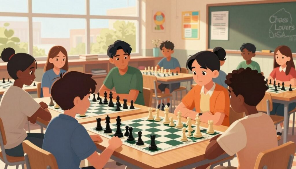 A vibrant scene depicting a supportive team environment in a school chess program. In the foreground, a diverse group of students, both boys and girls, are engaged in a friendly chess match, dressed in smart casual clothing. Their expressions show concentration and encouragement as they discuss strategies. The middle ground features a comfortable classroom setup with chess boards, colorful decorations, and motivational posters promoting teamwork. In the background, bright sunlight filters through large windows, casting a warm glow, enhancing the atmosphere of camaraderie and focus. Subtle details like chess pieces in mid-game and a scoreboard add depth to the scene. Overall, the mood is uplifting and collaborative, embodying the essence of teamwork. The logo "Chess Lovers USA" is subtly incorporated into the design, reinforcing the theme.