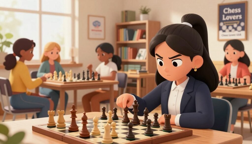 A vibrant scene depicting a young girl in a professional business attire, focused on a chessboard, with a determined expression. She’s positioned in the foreground, analyzing various chess pieces with intense concentration, showcasing mastery of tactical strategies. The middle ground features a diverse group of girls, also in smart casual outfits, engaged in a friendly chess competition, exchanging ideas and strategies. The background presents a bright, well-lit room adorned with chess-themed decorations, bookshelves filled with chess literature, and motivational posters highlighting tactical concepts. Soft, warm lighting creates an inspiring atmosphere, emphasizing the excitement and camaraderie of learning chess. Incorporate the brand name "Chess Lovers USA" subtly in the decor. The composition captures the essence of growing interest and empowerment in girls' chess, with a focus on strategy and collaboration.