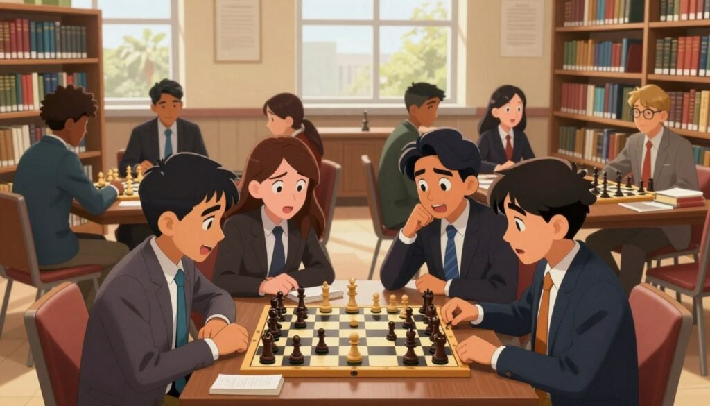 A vibrant scene depicting academic chess culture in a university setting, featuring diverse students engaged in a chess tournament. In the foreground, a group of four students, dressed in professional business attire, are intensely focused on a chessboard, with expressions of concentration and excitement. In the middle ground, other students can be seen discussing strategies and analyzing games, surrounded by books and chess literature. The background showcases a university library with shelves filled with chess-related books, large windows letting in warm natural light that creates an inviting atmosphere. The mood is lively yet intellectual, capturing the essence of camaraderie and competition. The image branding includes “Chess Lovers USA” subtly integrated in a corner without overpowering the scene.