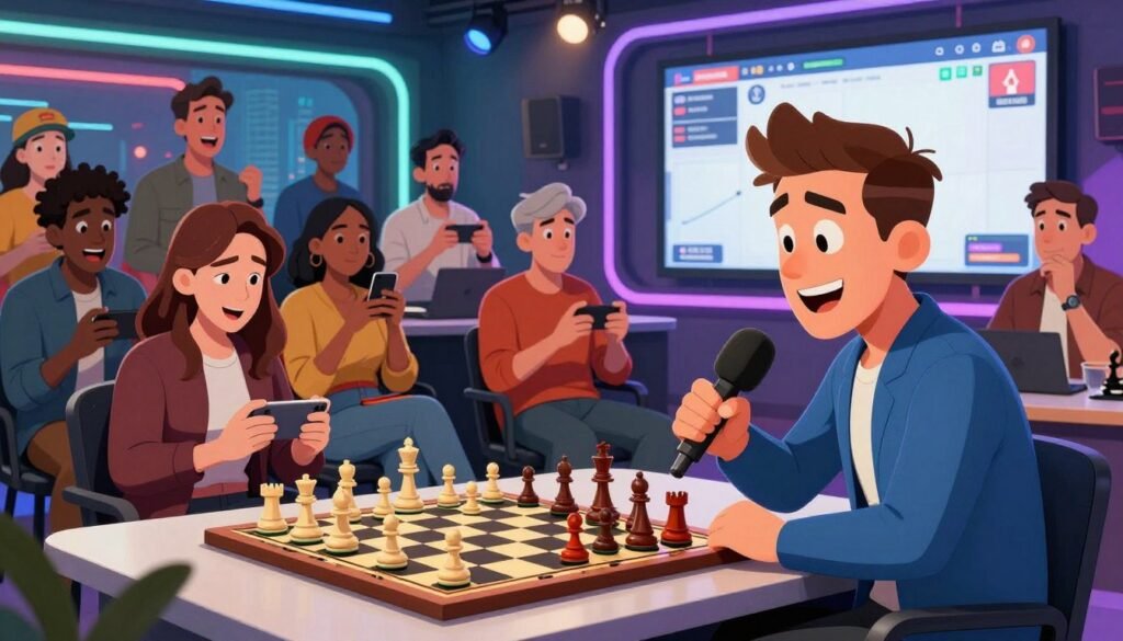 A vibrant scene depicting an American chess livestream event that captures the excitement and community of chess gaming. In the foreground, a well-dressed commentator sits at a table adorned with a chessboard, focused on the game with a microphone in hand, flanked by vibrant chess pieces. The middle ground features a diverse group of engaged viewers, all in casual yet professional attire, watching intently on their smartphones and laptops, with expressions of concentration and excitement. The background showcases a stylish urban setting with a large screen displaying the live stream, illuminated by colorful LED lights that create a dynamic atmosphere. The overall mood is energetic and engaging, reflecting the surge of interest in chess through online platforms. Chess Lovers USA branding subtly integrated into the livestream backdrop. Soft ambient lighting enhances the vibrant colors. Camera angle from slightly below eye-level for a dynamic perspective.