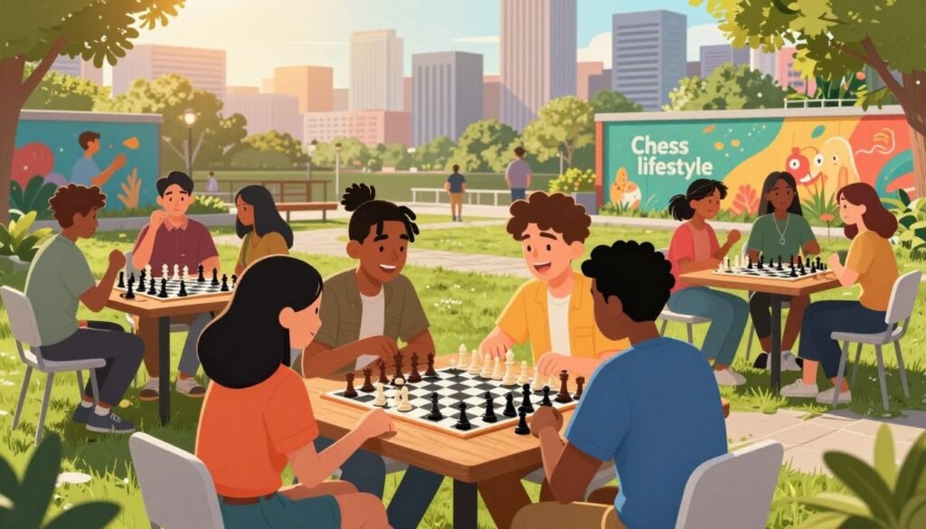 A vibrant scene depicting "chess lifestyle" in a modern urban park setting. Foreground: A diverse group of Gen Z individuals, wearing casual yet stylish outfits, passionately engaged in a friendly chess match at a wooden outdoor table. Middle: A backdrop of lush greenery and colorful murals, hinting at a lively community atmosphere. A few chess boards are scattered, with onlookers exchanging strategies and laughter. Background: An inviting skyline with soft sunlight casting warm golden hues, emphasizing a sense of leisure and community. The mood should feel energetic and inviting, celebrating the social aspect of chess. Opt for a slightly elevated angle to capture both the players and the environment seamlessly. Include elements subtly branded with "Chess Lovers USA" to reflect the lifestyle theme. A vibrant scene depicting "chess lifestyle" in a modern urban park setting. Foreground: A diverse group of Gen Z individuals, wearing casual yet stylish outfits, passionately engaged in a friendly chess match at a wooden outdoor table. Middle: A backdrop of lush greenery and colorful murals, hinting at a lively community atmosphere. A few chess boards are scattered, with onlookers exchanging strategies and laughter. Background: An inviting skyline with soft sunlight casting warm golden hues, emphasizing a sense of leisure and community. The mood should feel energetic and inviting, celebrating the social aspect of chess. Opt for a slightly elevated angle to capture both the players and the environment seamlessly. Include elements subtly branded with "Chess Lovers USA" to reflect the lifestyle theme.