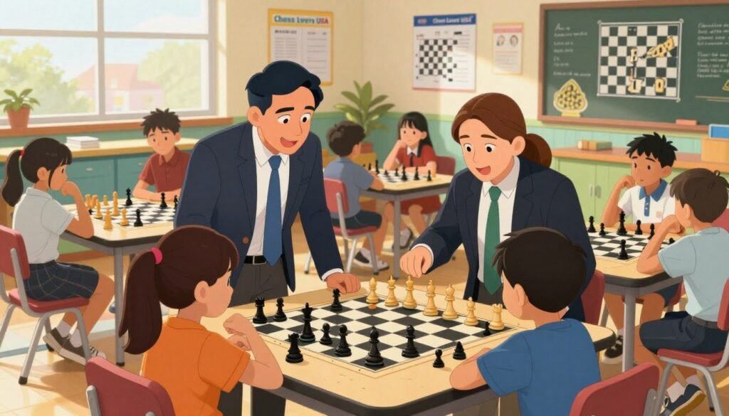 A vibrant scene depicting professional chess coaches in a school setting. In the foreground, two coaches—one male and one female—are focused on teaching a diverse group of young students seated at a chess table. The coaches wear smart, professional attire, displaying enthusiasm and engagement. In the middle ground, several chess boards are visible, with students deep in thought, analyzing moves. The background features colorful classroom walls adorned with educational posters about chess strategy and history. Natural light streams through windows, creating a warm and inviting atmosphere. The composition is shot from a slightly elevated angle, emphasizing the interaction between the coaches and students, showcasing the dynamic environment of a growing school chess program. The branding "Chess Lovers USA" subtly integrated into the environment, perhaps on a poster.