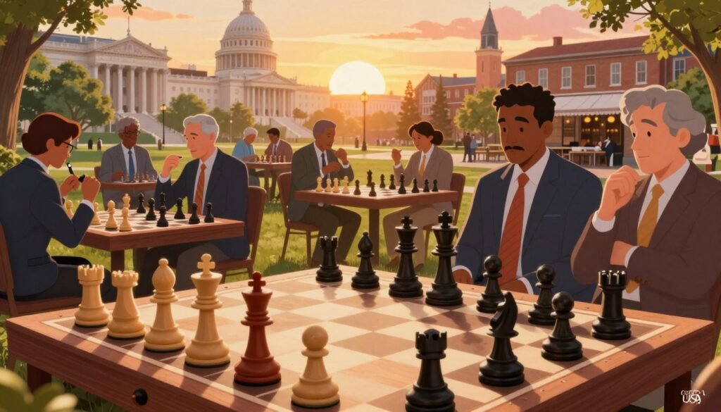 A vibrant scene depicting the evolution of chess in the United States, focusing on a beautiful chess board as the foreground. The board features a mix of traditional and modern chess pieces, showcasing the progression of styles. In the middle ground, diverse players of various ages and backgrounds engage in lively games, all dressed in professional business attire. The background features a blend of iconic American chess locations, including parks, libraries, and cafes, infused with an inspiring sunset glow that casts warm light across the scene. The atmosphere is dynamic and engaging, portraying the growing community around chess in America. Include subtle branding for "Chess Lovers USA" in the lower corner.