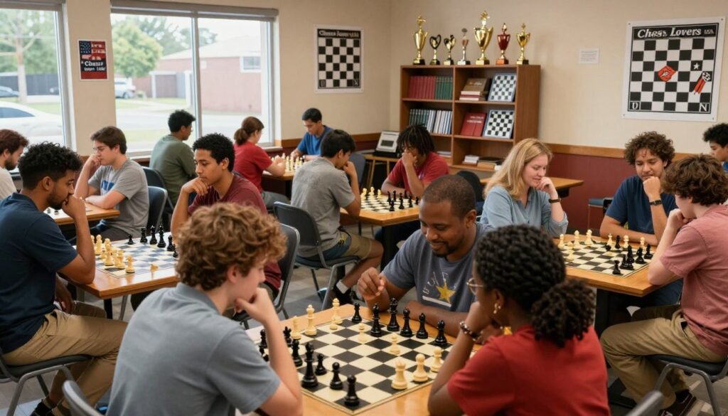 A vibrant scene depicting the resurgence of chess culture in America, set in a lively local chess club. In the foreground, a diverse group of individuals, including men and women of various ethnicities, engage passionately around wooden chess tables, showcasing a variety of chess pieces in detailed focus. The middle ground features a warm, inviting atmosphere, with walls adorned by chess-themed decor and posters, including the logo of "Chess Lovers USA". Bright, natural lighting pours in from large windows, illuminating the faces of players deep in thought or joy. In the background, shelves stocked with chess books and trophies highlight the club’s community spirit. The mood is energetic and collaborative, capturing the excitement of a chess revival. Use a wide-angle lens to emphasize the bustling environment and camaraderie among players.