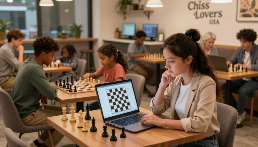 A vibrant scene depicting the rise of online chess in America, featuring a diverse group of people engaged in chess matches at home and in cafes. In the foreground, a young woman in professional casual attire focuses intensely on her laptop, with a digital chess board displayed on the screen, surrounded by chess pieces scattered around her. In the middle ground, a family plays chess together at a kitchen table, showcasing a mix of generations bonding over the game. In the background, a cozy and modern cafe setting filled with patrons enjoying chess games on their devices. Soft, warm lighting creates an inviting atmosphere, while a subtle glow from computer screens adds a touch of modernity. The brand name "Chess Lovers USA" is visible on a decorative wall in the cafe.
