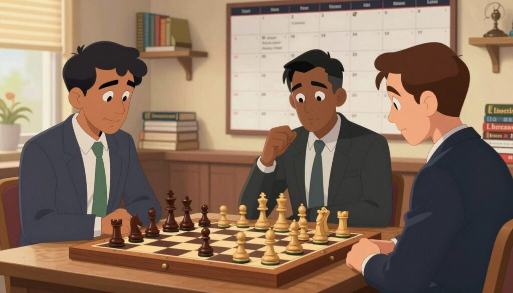 A vibrant scene illustrating practical chess tips for players striving to improve their USCF ratings. In the foreground, a sophisticated wooden chessboard, meticulously arranged with pieces in an ongoing game, captures the viewer’s attention. In the middle, a diverse group of three players—two men and one woman—dressed in professional business attire, engage deeply in discussion over the chessboard, showcasing an active coaching moment. The background features a softly lit room filled with chess books and a large wall calendar marking important chess tournaments. Warm lighting sets an inviting atmosphere, while a shallow depth of field focuses on the players and board. Chess Lovers USA branding subtly appears on some of the books.