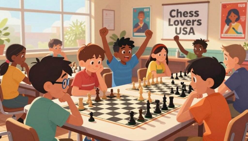 A vibrant scene illustrating why kids are joining chess clubs, featuring a diverse group of children aged 8-12 seated around a large chess table, deeply engaged in a game. In the foreground, focus on a boy with glasses and a girl with braided hair, both displaying concentration and excitement. The middle ground shows other kids, some pondering moves while others celebrate a victory. In the background, a chess club banner reads "Chess Lovers USA," surrounded by colorful posters of famous chess players. Soft, warm lighting enhances the cheerful atmosphere, with natural sunlight streaming through large windows. The angle is slightly elevated, capturing the lively yet thoughtful mood of camaraderie and strategic thinking among the kids, underscoring the appeal of chess clubs in America. A vibrant scene illustrating why kids are joining chess clubs, featuring a diverse group of children aged 8-12 seated around a large chess table, deeply engaged in a game. In the foreground, focus on a boy with glasses and a girl with braided hair, both displaying concentration and excitement. The middle ground shows other kids, some pondering moves while others celebrate a victory. In the background, a chess club banner reads "Chess Lovers USA," surrounded by colorful posters of famous chess players. Soft, warm lighting enhances the cheerful atmosphere, with natural sunlight streaming through large windows. The angle is slightly elevated, capturing the lively yet thoughtful mood of camaraderie and strategic thinking among the kids, underscoring the appeal of chess clubs in America.
