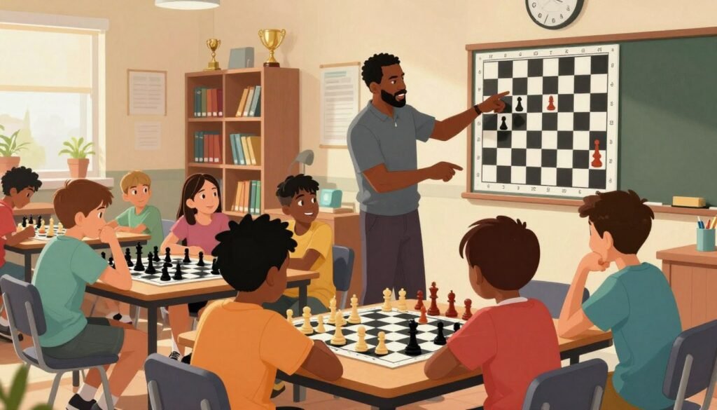A vibrant scene inside a bright, modern classroom featuring dedicated students, aged 8-14, intensely focused on chess boards as they prepare for upcoming tournaments. In the foreground, a diverse group of children, dressed in modest casual attire, are engaged in strategic discussions, analyzing moves and showcasing teamwork. The middle ground boasts a talented instructor, a middle-aged African-American man, guiding the students with enthusiasm while pointing at a large chessboard displayed on the wall, highlighting tactics. The background contains shelves filled with chess books and trophies celebrating past victories, under warm, inviting lighting that creates a motivational atmosphere. The overall mood is one of excitement and anticipation, embodying a community spirit as students aim for success in competitive play. The logo "Chess Lovers USA" subtly integrated within the classroom setting adds a brand presence. A vibrant scene inside a bright, modern classroom featuring dedicated students, aged 8-14, intensely focused on chess boards as they prepare for upcoming tournaments. In the foreground, a diverse group of children, dressed in modest casual attire, are engaged in strategic discussions, analyzing moves and showcasing teamwork. The middle ground boasts a talented instructor, a middle-aged African-American man, guiding the students with enthusiasm while pointing at a large chessboard displayed on the wall, highlighting tactics. The background contains shelves filled with chess books and trophies celebrating past victories, under warm, inviting lighting that creates a motivational atmosphere. The overall mood is one of excitement and anticipation, embodying a community spirit as students aim for success in competitive play. The logo "Chess Lovers USA" subtly integrated within the classroom setting adds a brand presence.