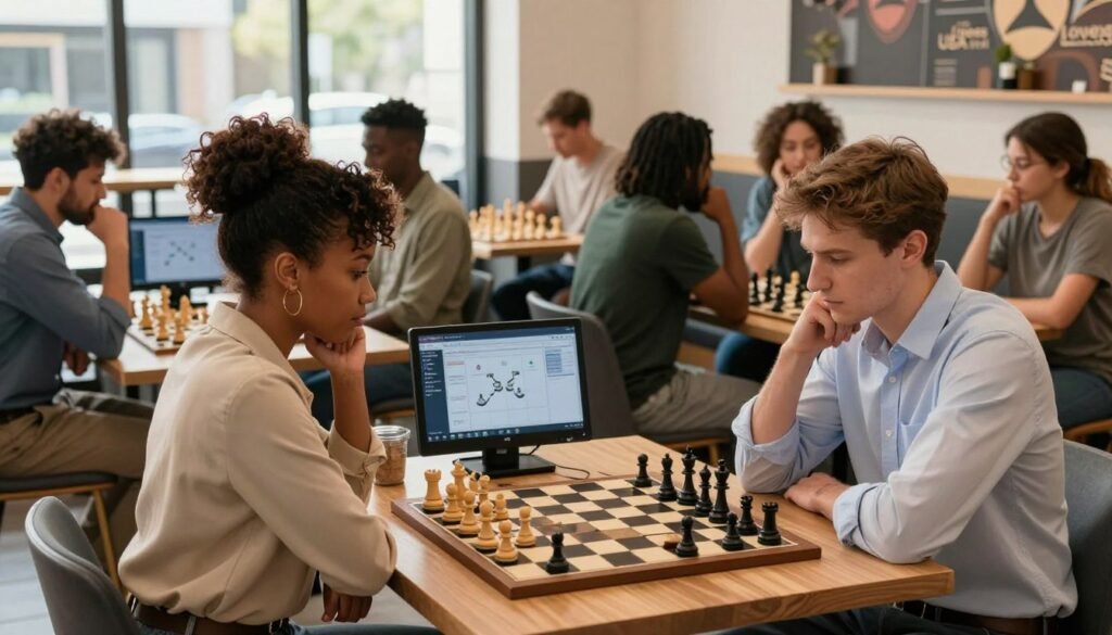 A vibrant scene inside a modern chess cafe, showcasing a diverse group of chess players of various ethnicities engaged in intense gameplay. In the foreground, a focused African American woman in business casual attire is deep in thought, studying a chessboard, while her opponent, a Caucasian man in a smart casual shirt, considers his next move. In the middle ground, other players are immersed in their matches, with sleek chess sets and digital monitors displaying live-streamed games, symbolizing the fusion of traditional play and modern technology. The background features large windows letting in soft, warm sunlight, creating an inviting atmosphere. The branding "Chess Lovers USA" is subtly integrated into the cafe decor. The mood is dynamic and energetic, reflecting the excitement of a new era in chess.