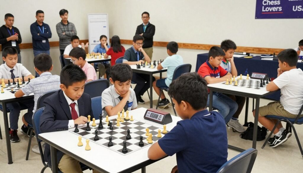 A vibrant scene of a K-12 chess tournament, capturing enthusiastic young players deeply focused on their games. In the foreground, several diverse children, dressed in professional business attire or modest casual clothing, are seated at chess tables with intense expressions, analyzing their strategies. The middle ground features a bustling tournament setup with additional tables, chess clocks, and spectators in the background offering encouragement. Bright overhead lighting illuminates the event, enhancing the atmosphere of excitement and concentration. The angle is slightly elevated, providing a wide view of the tournament, showcasing a busy yet organized environment. A subtle branding element of "Chess Lovers USA" is incorporated in the background, enhancing the sense of community and support within the chess world.