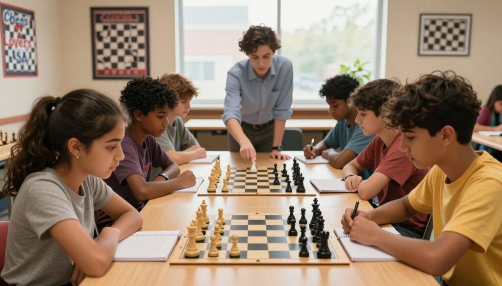 A vibrant scene of a chess tournament preparation, featuring a diverse group of students focused on strategy discussions at a long table filled with chess boards, pieces, and notebooks. In the foreground, a teenage girl and boy concentrate on a chess game, their expressions filled with determination. In the middle ground, an instructor guides a small group of students, pointing at a chessboard while they take notes. The background shows a decorated room with motivational posters about chess and a large window letting in soft, warm natural light, creating an inviting atmosphere. The overall mood is one of concentration and excitement. Capture this scene for "Chess Lovers USA" with a slight depth of field effect to emphasize the students, using a high-quality lens for clarity.