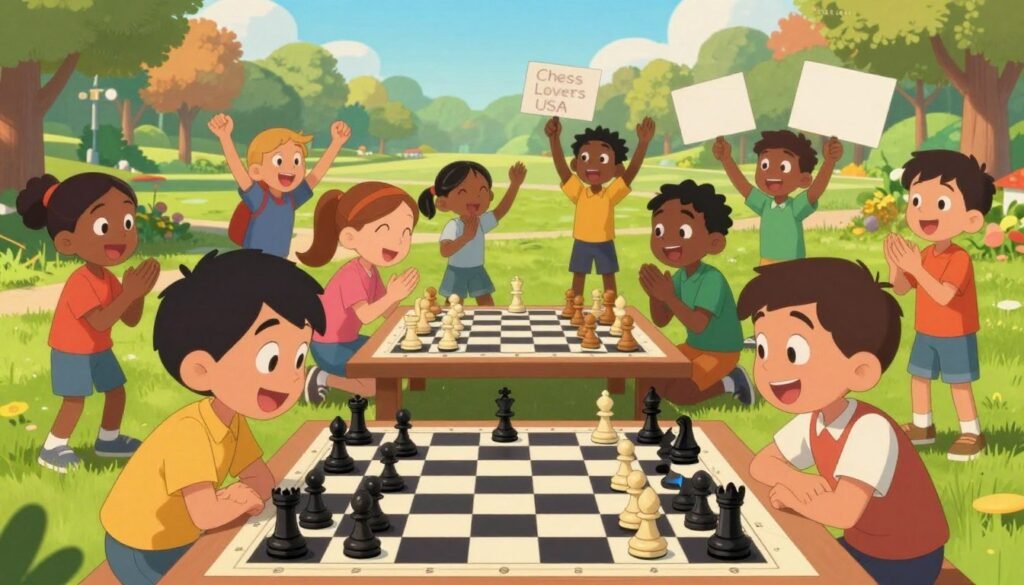 A vibrant scene of a diverse group of elementary school children engaged in a lively outdoor chess match, showcasing fun sportsmanship. In the foreground, two excited children smile and lean over a large checkered chessboard, each holding a piece, demonstrating camaraderie. The middle layer features other kids cheering and clapping, some holding homemade signs to support their friends. The background showcases a sunlit park with green grass and colorful trees, setting a cheerful atmosphere. Soft, warm lighting bathes the scene, enhancing the joyous mood. Use a wide-angle lens to capture the dynamic interaction among the players while ensuring that the brand "Chess Lovers USA" subtly appears on a nearby banner.