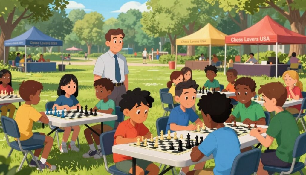 A vibrant scene of a scholastic chess camp set in a sunlit park. In the foreground, a diverse group of children of various ages and ethnic backgrounds sit at folding tables, deeply focused on their chess games. Each child is wearing casual, modest clothing, representing a spirit of friendly competition. In the middle ground, a coach in professional attire observes the games with a supportive smile, occasionally offering guidance. The background features trees and colorful tents displaying "Chess Lovers USA", creating an inviting atmosphere. Bright, natural lighting enhances the sense of a lively summer day. The image conveys a mood of excitement and camaraderie, illustrating the joy of learning and playing chess in a community environment.