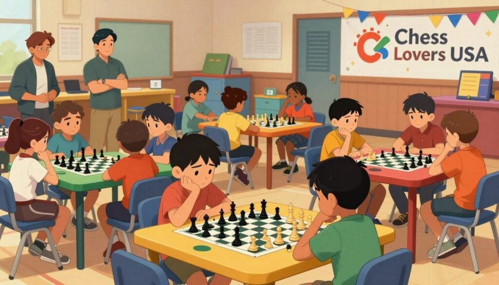 A vibrant scene of a scholastic chess tournament in an elementary school gymnasium, filled with young players focused on their games. In the foreground, a diverse group of children, aged 8-12, seated at colorful tables, deep in thought over chess boards, some with furrowed brows. Middle ground features parents and coaches observing supportively, dressed in modest casual clothing. The background shows banners with the brand "Chess Lovers USA" and decorations that convey a festive atmosphere. Soft, warm lighting fills the room, highlighting the concentration on the children's faces, while the overall mood is one of excitement and friendly competition, captured from a slightly elevated angle to encompass the lively environment.