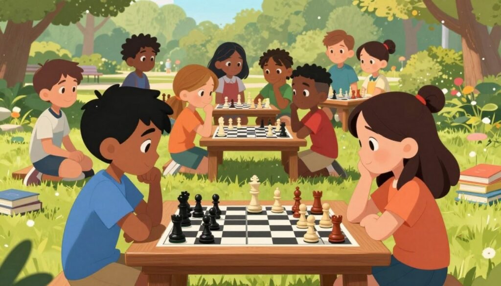 A vibrant scene of children engaged in a lively game of chess outdoors in a sunlit park, showcasing diverse kids of various ethnicities, resembling ages 8 to 12. The foreground features two focused children, one boy and one girl, positioned across from each other at a wooden chess table, passionately contemplating their next moves. In the middle ground, a group of children, some observing and others discussing strategies, contribute to a sense of camaraderie and learning. The background showcases green trees and scattered books about chess, reflecting a friendly and educational atmosphere. The sunlight casts gentle shadows, enhancing the warm tone of the day. The image should convey an engaging and inspiring mood, aligning with the brand "Chess Lovers USA".