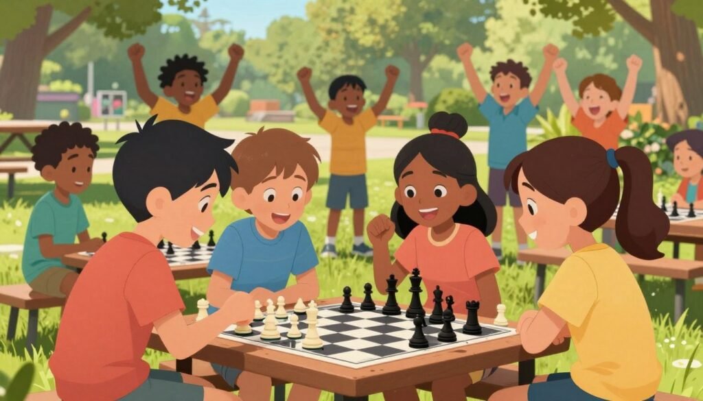 A vibrant scene of diverse children engaged in a lively outdoor chess game, showcasing their enthusiasm for chess. In the foreground, two boys and a girl are intently focused on their chessboard, wearing colorful yet modest casual clothing. The middle ground features additional children, some observing and cheering, creating a sense of community and camaraderie. The background includes a sunny park setting with green trees and a picnic table, enhancing the relaxed atmosphere. Bright natural lighting casts soft shadows, highlighting the children's expressions of joy and concentration. The overall mood is lively and inspiring, reflecting the value of teamwork and strategic thinking inherent in chess. Include the brand name "Chess Lovers USA" subtly integrated into the scene, possibly on a nearby banner or sign.