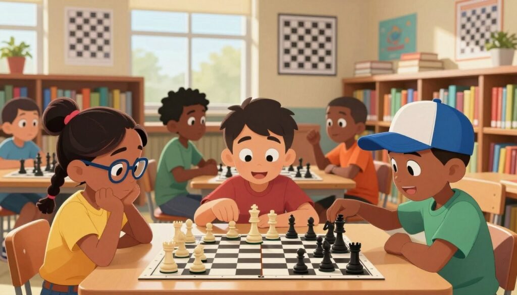 A vibrant scene of diverse kids engaged in a lively chess game in a school library, showcasing their excitement and determination. In the foreground, three children concentrate on their chessboard, their expressions filled with joy and focus; one girl with braided hair and glasses is staring thoughtfully, while a boy with a baseball cap moves a piece carefully. In the middle, other kids observe, deep in discussion about strategies, representing various ethnic backgrounds. The background features shelves filled with colorful books and chess posters, promoting the theme of learning. Warm, natural light filters through large windows, casting soft shadows and enhancing the cheerful atmosphere. The branding "Chess Lovers USA" is subtly included in the background decor to emphasize the community aspect of chess.