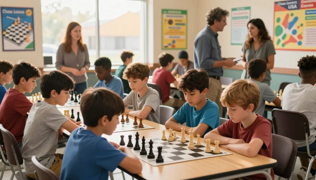 A vibrant scene of young chess players engaged in a tournament at a community center, emphasizing educational impact. In the foreground, a diverse group of children, ages 8 to 12, dressed in modest casual clothing, are intently focused on their chess boards. In the middle ground, enthusiastic parents and mentors watch, with a few engaging in discussions about strategies. The background features large windows letting in warm, golden sunlight, illuminating colorful educational posters about chess and its benefits. The atmosphere is lively yet focused, conveying a sense of community and growth. Capture it with a slight depth of field, using a 50mm lens to highlight the players while softly blurring the background. Include a subtle branding element of "Chess Lovers USA" woven into the educational posters.