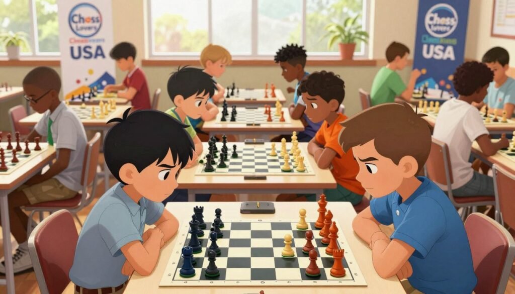 A vibrant scene of young chess players engrossed in a tournament setting, showcasing a diverse group of children aged 8-14, dressed in smart casual clothing. In the foreground, two focused players lean over a chess board, their expressions intense and determined as they strategize their moves. The middle layer features a set of chess boards with additional kids engaged in play, showcasing a variety of chess pieces in vivid colors. In the background, a warm, inviting ambiance is created with soft natural lighting filtering through large windows, highlighting banners with the logo of "Chess Lovers USA". The overall mood is energetic and competitive, capturing the excitement of a weekend chess tournament. The image is taken from a slightly elevated angle to emphasize the players and their concentration.