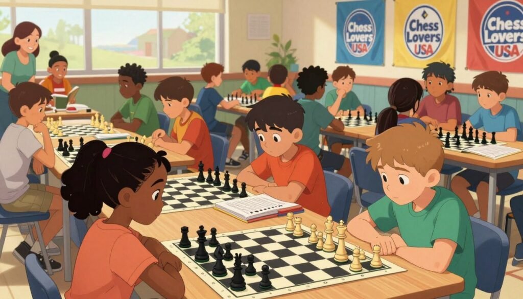 A vibrant scholastic chess tournament scene, showcasing diverse children ages 7 to 14 deeply engaged in intense gameplay at a large school chess club event. In the foreground, two focused young players—one African American girl and one Caucasian boy—concentrate on their boards, with pieces mid-game. The middle ground features other children in animated discussion and analysis, some reviewing chess books and strategy guides. The background has colorful banners displaying the logo "Chess Lovers USA" and cheerful parents observing. Soft, natural lighting filters through large windows, creating a warm atmosphere, while the camera captures this from a slightly elevated angle to provide a comprehensive perspective on the lively event. The mood is energetic and supportive, highlighting the excitement of learning chess in a friendly competition.
