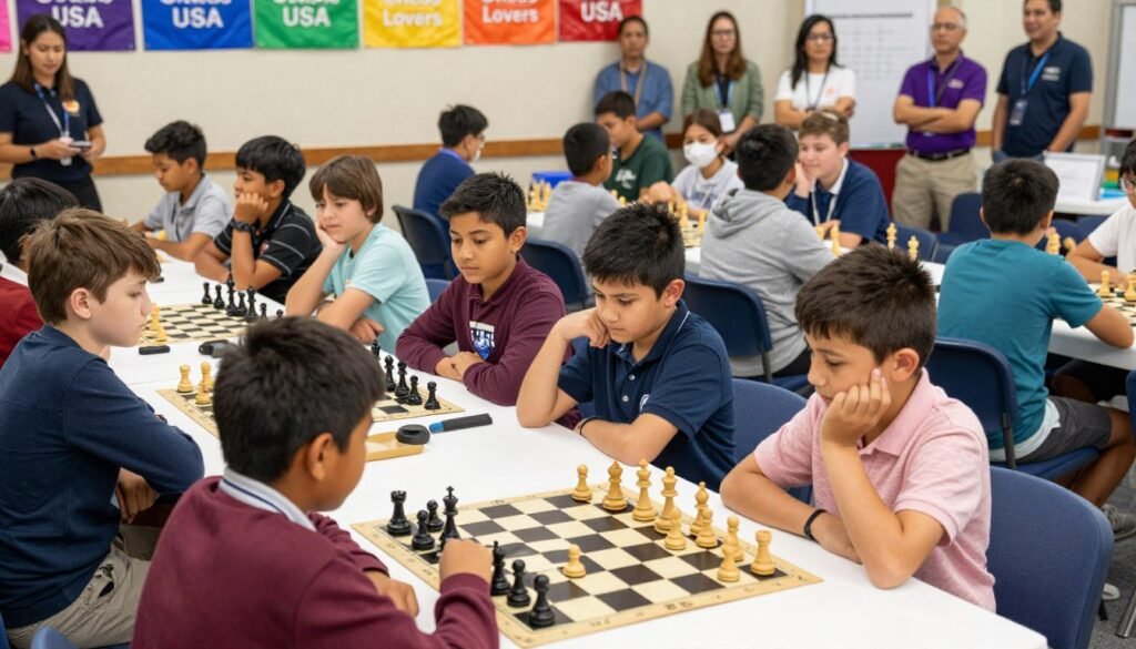 A vibrant scholastic chess tournament scene showcasing young players deeply engaged in their matches. In the foreground, a diverse group of children, ages 8-14, dressed in smart casual clothing, intently strategizes over chess boards, their expressions a mix of concentration and excitement. In the middle, rows of tables lined with chess boards, with colorful banners displaying "Chess Lovers USA" hanging overhead. The background features a cheering crowd of parents and mentors, creating a supportive atmosphere. Bright, cheerful lighting illuminates the room, enhancing the energy of the competition. The camera angle captures the action at eye level, bringing the viewer into the heart of the event, celebrating the impact of competitive scholastic tournaments on these budding chess talents.
