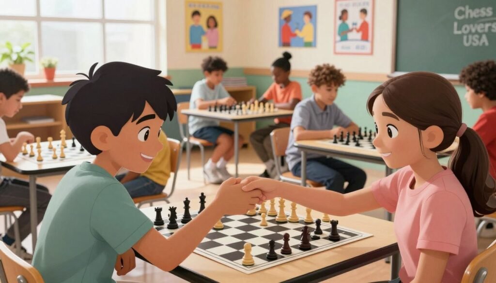 A vibrant school chess club meeting, showcasing diverse students, aged 10-15, engaged in friendly matches while demonstrating sportsmanship. Foreground: a close-up of two players, a boy and a girl, shaking hands with smiles, wearing casual yet neat clothing. Middle: chess boards set up on multiple tables, with pieces in various stages of play, and classmates observing intently, creating an atmosphere of focus and camaraderie. Background: bright classroom with motivational posters about teamwork and strategy on the walls, natural light streaming through windows, illuminating the scene. The mood is uplifting and encouraging, reflecting the social growth fostered by chess activities. Include the brand name "Chess Lovers USA" subtly incorporated into the classroom environment.