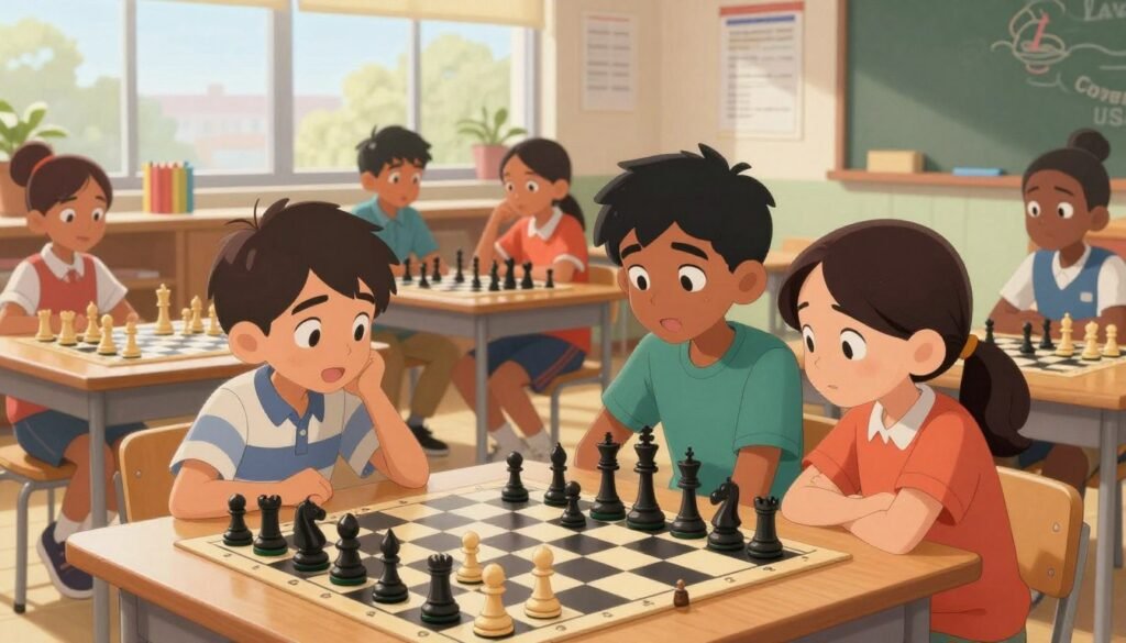 A vibrant school chess club scene captures a diverse group of children focused on a chessboard, illustrating the concept of building confidence through strategic play. In the foreground, a boy and a girl, both around 10 years old, are deeply engaged in a match, dressed in modest casual clothing. Their expressions reveal determination and excitement. In the middle ground, other students are seen observing and discussing tactics, fostering a collaborative environment. The background features a classroom setting, with motivational posters, natural light streaming through large windows, and chess pieces prominently displayed. The atmosphere is warm and inspiring, promoting teamwork and critical thinking. The branding "Chess Lovers USA" is subtly incorporated in the classroom decor. The image is captured from a slightly elevated angle, enhancing the sense of community within the chess program.