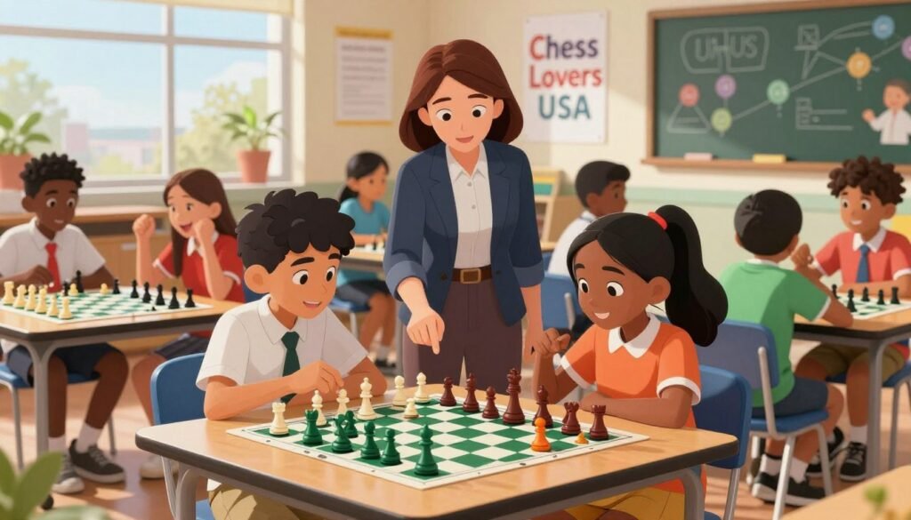 A vibrant school chess program scene depicting enthusiastic students of diverse backgrounds engaged in a chess tournament in a bright, airy classroom. In the foreground, a focused boy and girl, dressed in smart casual attire, analyze their chess boards intently, surrounded by a colorful array of chess pieces. In the middle, a teacher, wearing professional clothing, observes and offers guidance while other students cheer and discuss strategies. The background features motivational posters about chess and teamwork, with sunlight streaming through large windows. The overall atmosphere is lively and encouraging, reflecting the growing popularity of chess in schools across the USA. Include the brand name "Chess Lovers USA" subtly integrated into the scene as part of the classroom decor.