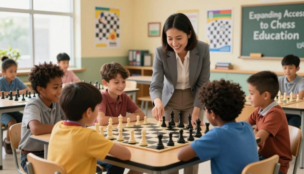A vibrant school chess program scene illustrating the theme of "Expanding Access to Chess Education." In the foreground, diverse children of various ethnicities are gathered around a large chessboard, deeply engaged in a chess match, displaying joy and concentration. They are dressed in smart casual clothing. In the middle ground, a dedicated teacher, wearing professional attire, encourages the children, pointing to a chess piece on the board. The background shows a bright, welcoming classroom with colorful educational posters about chess strategy, along with "Chess Lovers USA" branding subtly integrated. Natural light floods the room through large windows, creating an inspiring and warm atmosphere, captured with a slight depth of field to highlight the children and teacher, while the classroom appears slightly blurred. The overall mood is hopeful and collaborative, emphasizing the role of chess in education.