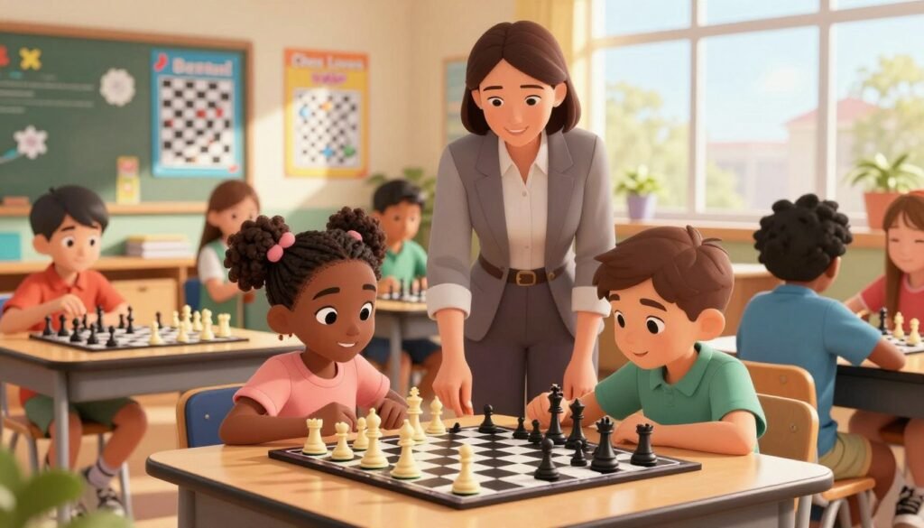 A vibrant school classroom scene showcasing a diverse group of children engaged in playing chess. In the foreground, two young players, one African American girl and one Hispanic boy, intently focus on a chessboard, their expressions filled with concentration. The middle ground features a teacher, a Caucasian woman in professional attire, gently guiding other students with a smile, reflecting a supportive learning atmosphere. In the background, colorful educational posters about chess strategies decorate the walls, and sunlight streams through large windows, casting a warm glow across the room. The overall mood is energetic and inspiring, highlighting the significance of chess in education. "Chess Lovers USA" logo is subtly integrated into the classroom decor. The image is captured with a warm, soft focus lens to enhance the inviting ambiance.