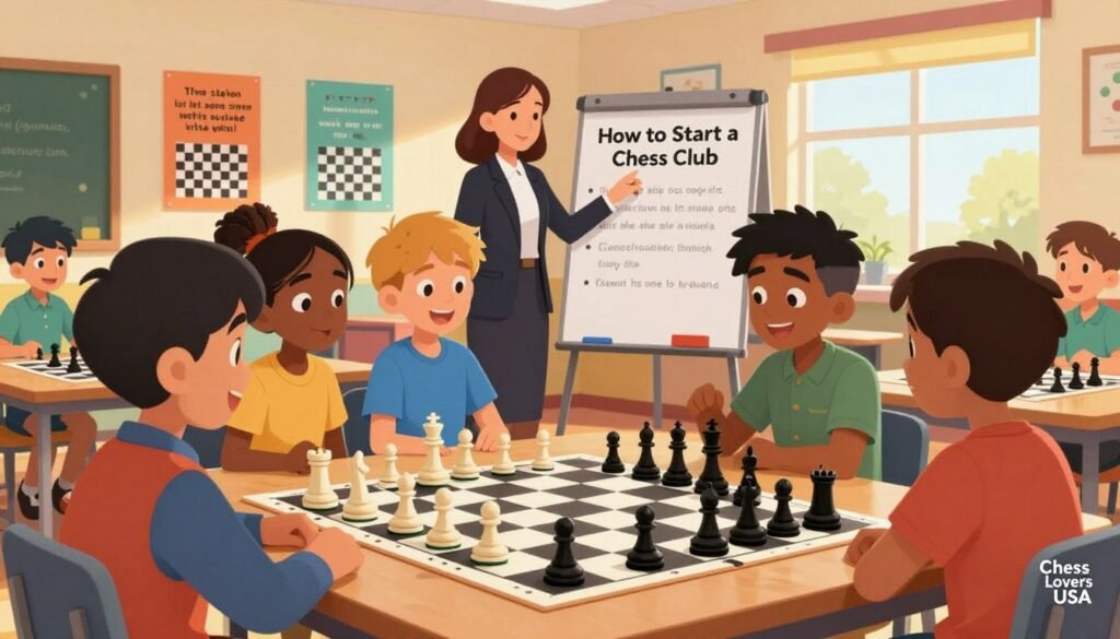 A vibrant school setting showcasing a diverse group of enthusiastic students gathered around a large chess board in the foreground. The students, reflecting various backgrounds and wearing casual but neat clothing, are engaged in animated discussion, examining chess pieces. In the middle ground, a teacher, dressed in professional business attire, is demonstrating a chess move on a flip chart labeled "How to Start a Chess Club" with bullet points visible. The background features a brightly lit classroom with colorful posters about chess strategies, motivational quotes about teamwork, and a window letting in warm, natural light. The atmosphere is inviting and energetic, highlighting a sense of community and enthusiasm for learning chess. The logo "Chess Lovers USA" is subtly positioned in the corner, enhancing the theme of fostering chess programs.