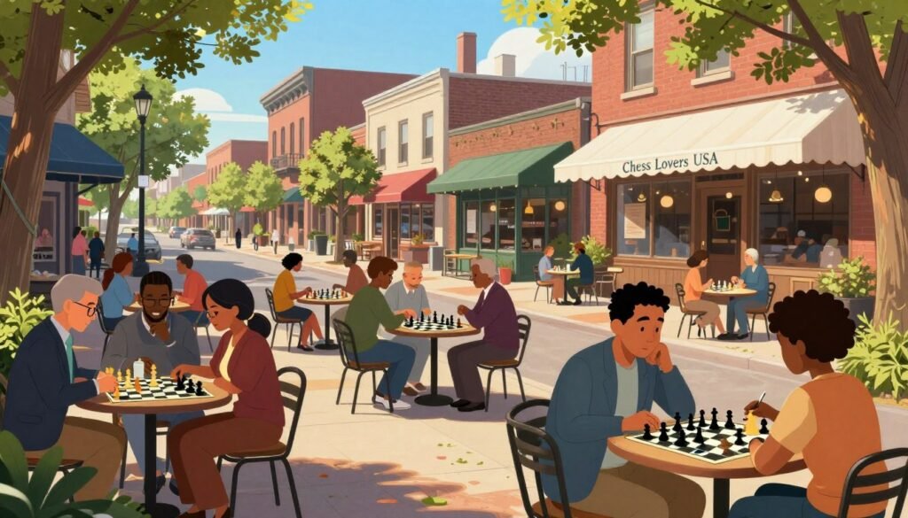 A vibrant street scene in St. Louis's Central West End, showcasing a sunny afternoon with people engaged in casual chess games at outdoor tables, surrounded by lush greenery and historic architecture. In the foreground, a diverse group of individuals in professional business attire and modest casual clothing are deeply focused on their chessboards, exuding concentration and camaraderie. The middle ground features charming cafés and boutiques, with patrons enjoying refreshments and lively conversations. In the background, iconic buildings of the Central West End are visible under a bright blue sky, adding character to the setting. Soft, golden sunlight filters through the trees, creating a warm, inviting atmosphere that conveys the integration of chess into the vibrant local lifestyle. The scene includes subtle branding elements of "Chess Lovers USA" integrated into the café awnings.