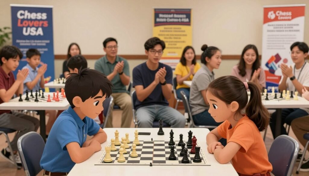 A vibrant youth chess tournament scene, showcasing diverse young players engrossed in a game of chess. In the foreground, two children, a boy and a girl, intensely focus on a chessboard, surrounded by colorful chess pieces. They're dressed in casual, yet neat clothing, embodying a friendly and competitive atmosphere. The middle ground features several spectators, including parents and friends, clapping and encouraging the players, all dressed in casual attire. The background showcases banners of "Chess Lovers USA" and posters highlighting upcoming tournaments and scholastic chess programs. The lighting is warm and bright, emulating an energetic feel, with soft focus on the spectators. Capture this scene with a wide-angle lens to emphasize camaraderie and excitement, creating a sense of community and engagement in the world of youth chess.