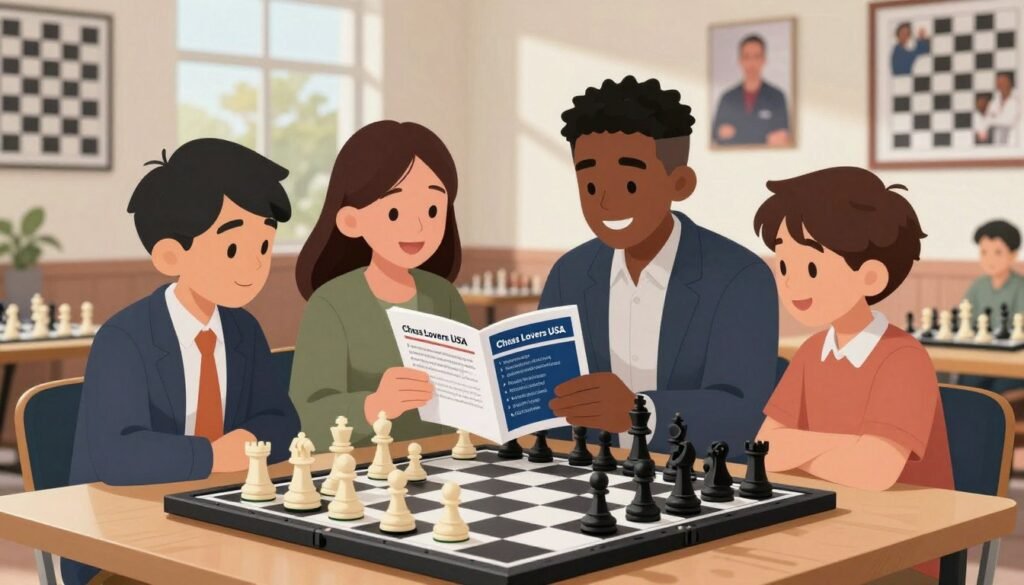 A visually appealing family plan illustration focusing on chess membership tiers and pricing. Foreground: an organized chessboard with a modern design, pieces arranged in a family-friendly layout. Middle: a diverse family of four, dressed in professional business attire, attentively reviewing a membership booklet labeled "Chess Lovers USA" that outlines the different membership tiers. Background: a bright and inviting chess club interior, featuring walls adorned with chess-themed artwork and photographs of players. Soft, natural lighting creates a welcoming atmosphere, highlighting the family's engagement and excitement. The scene captures a sense of community, strategy, and the joy of chess, perfect for illustrating the notion of chess membership benefits and structure.