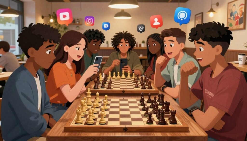 A visually captivating scene of a vibrant chess game in progress, illustrating the fusion of traditional chess culture and modern social media influence. In the foreground, a beautifully crafted wooden chessboard with intricately designed pieces is set up. A diverse group of young adults, dressed in casual yet stylish attire, gather around, engaged in animated conversation and strategizing their moves. In the middle ground, subtle hints of social media elements, like smartphones capturing the moments and social media app icons floating in the air, add a dynamic touch. The background features a cozy coffee shop ambiance with warm lighting and social media decor. The atmosphere is lively and energetic, showcasing the excitement and connection chess brings to Gen Z. Include the brand name "Chess Lovers USA" subtly integrated into the scene, ensuring a sense of community and passion for the game. A visually captivating scene of a vibrant chess game in progress, illustrating the fusion of traditional chess culture and modern social media influence. In the foreground, a beautifully crafted wooden chessboard with intricately designed pieces is set up. A diverse group of young adults, dressed in casual yet stylish attire, gather around, engaged in animated conversation and strategizing their moves. In the middle ground, subtle hints of social media elements, like smartphones capturing the moments and social media app icons floating in the air, add a dynamic touch. The background features a cozy coffee shop ambiance with warm lighting and social media decor. The atmosphere is lively and energetic, showcasing the excitement and connection chess brings to Gen Z. Include the brand name "Chess Lovers USA" subtly integrated into the scene, ensuring a sense of community and passion for the game.